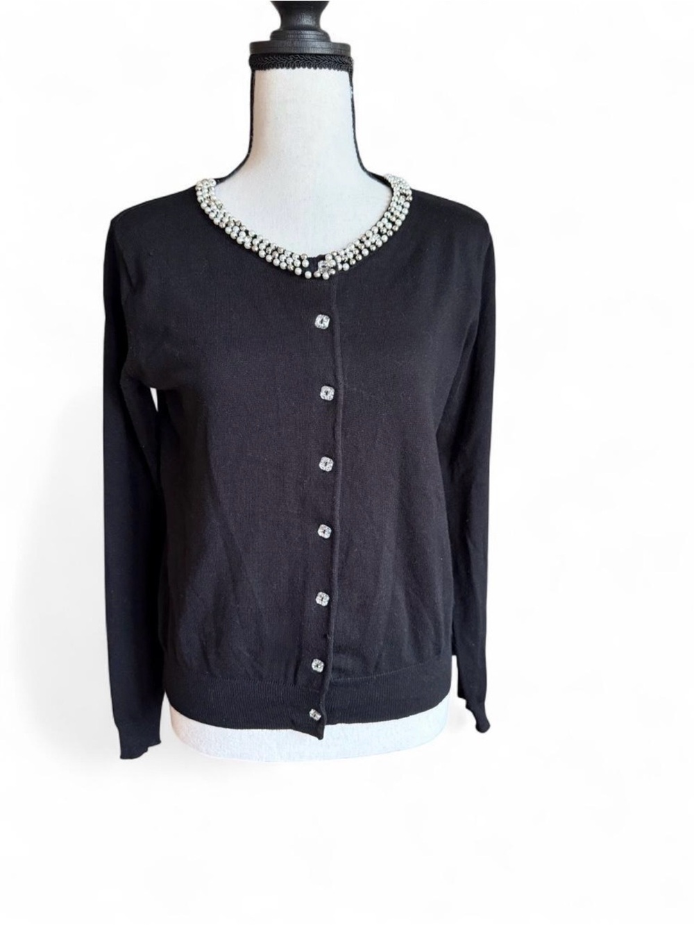 Premise Black Embellished Pearl & Crystal Crewneck Cardigan Sweater - Size S